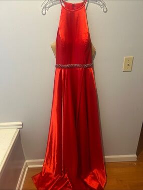 Sherri Hill Red Satin Halter Gown with Beaded Waist